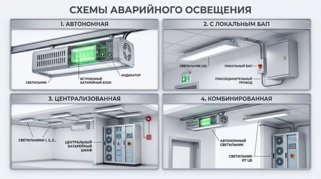 Схемы питания аварийного освещения: автономная, централизованная и комбинированная Четыре основные схемы организации аварийного освещения: автономная система, с локальным БАП, централизованная с батарейным шкафом и комбинированная