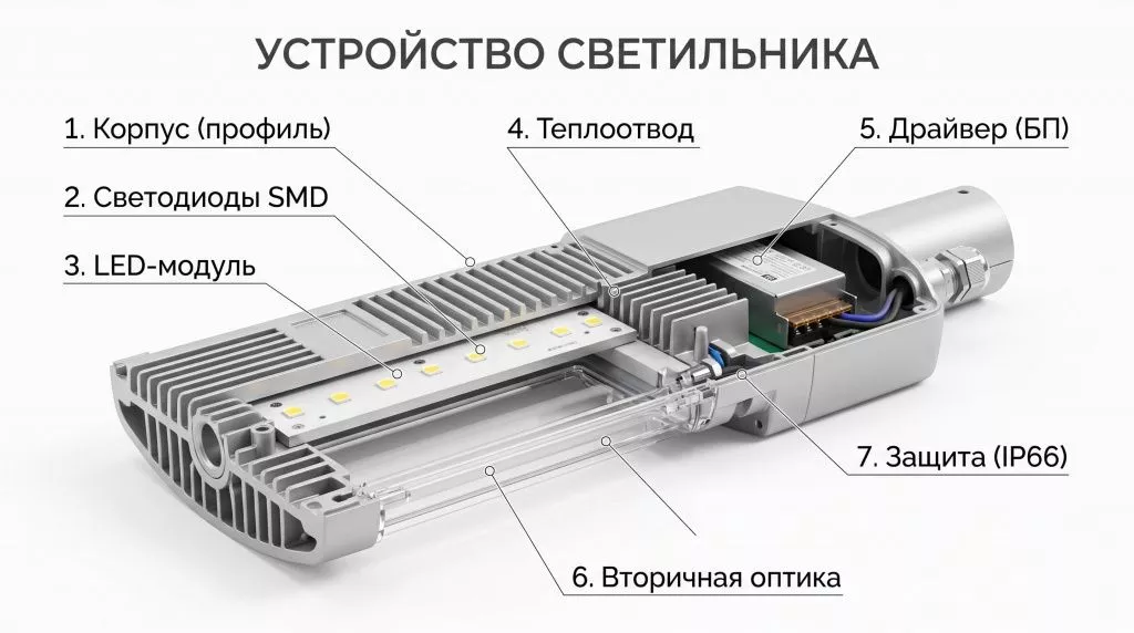 Разрез конструкции готового осветительного прибора с указанием алюминиевого корпуса, SMD-светодиодов, LED-модуля, теплоотвода, драйвера и вторичной оптики