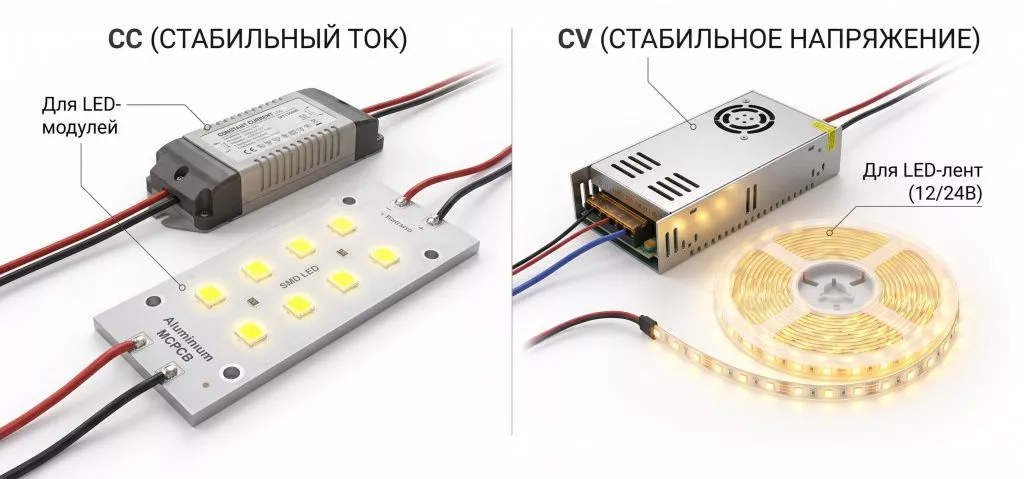 Схема подключения, показывающая драйвер со стабильным током (CC) для LED-модулей и источник со стабильным напряжением (CV) для светодиодных лент.