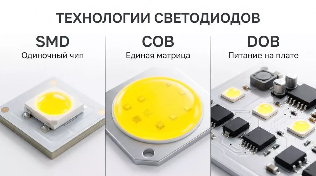 Иллюстрация базовых технологий: одиночный чип SMD, единая матрица COB и конструкция со встроенной схемой питания DOB