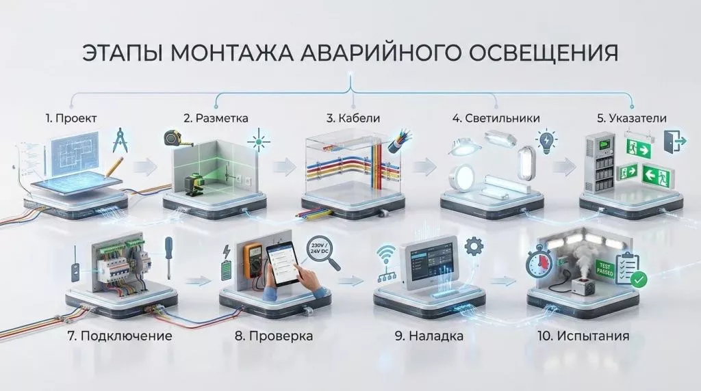 Визуализация 10 этапов монтажа аварийного освещения: проект, разметка, прокладка кабелей, светильники, указатели, подключение, проверка, наладка и испытания.