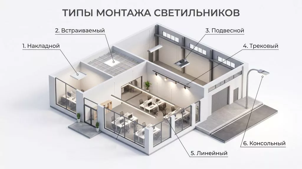 3D-модель здания с примерами накладного, встраиваемого, подвесного, трекового, линейного и консольного крепления осветительного оборудования