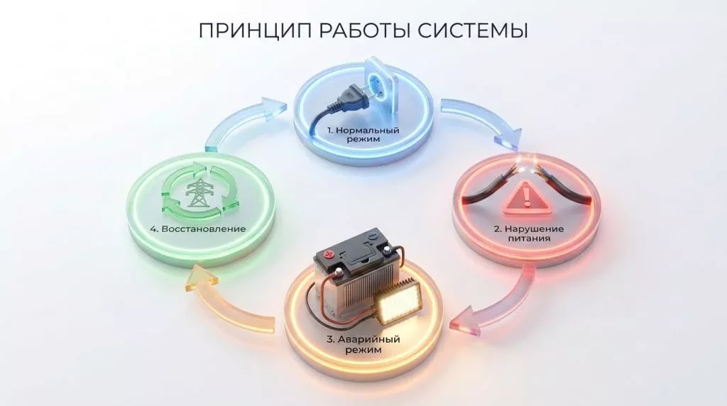 Цикл принципа работы системы аварийного освещения Цикл принципа работы системы аварийного освещения: нормальный режим, нарушение питания, аварийный режим от аккумулятора и восстановление сети