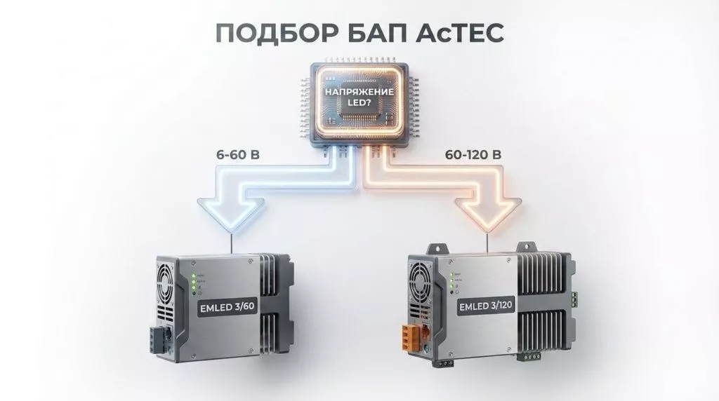 Подбор БАП АсТЕС по напряжению LED-модуля Схема подбора блока аварийного питания АсТЕС в зависимости от напряжения LED-модуля: модели EMLED 3/60 для 6-60 В и EMLED 3/120 для 60-120 В.