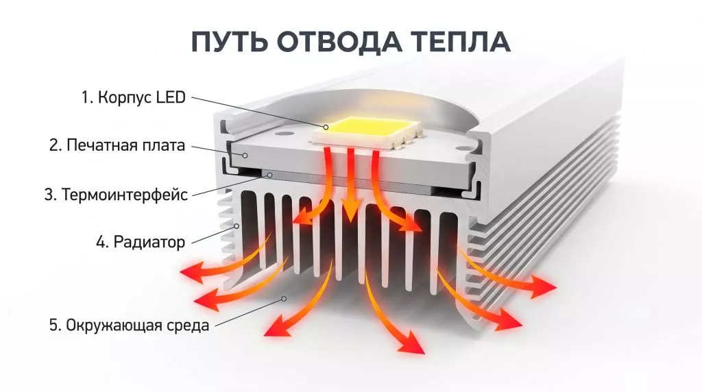 Физический путь отвода тепла от корпуса LED через печатную плату и термоинтерфейс к радиатору с последующим выходом в окружающую среду