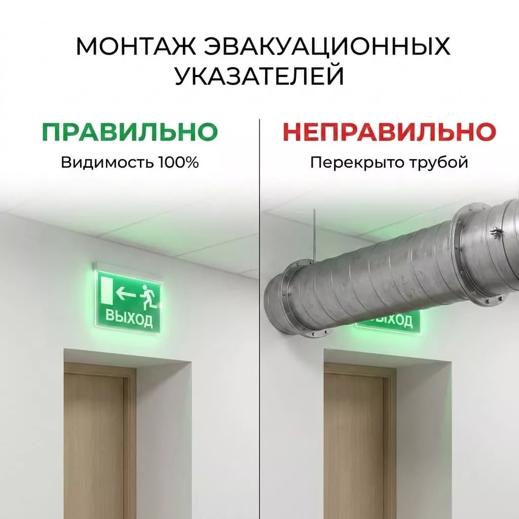 Сравнение правильного и неправильного монтажа эвакуационных указателей: видимость 100% и табло Выход, перекрытое трубой.